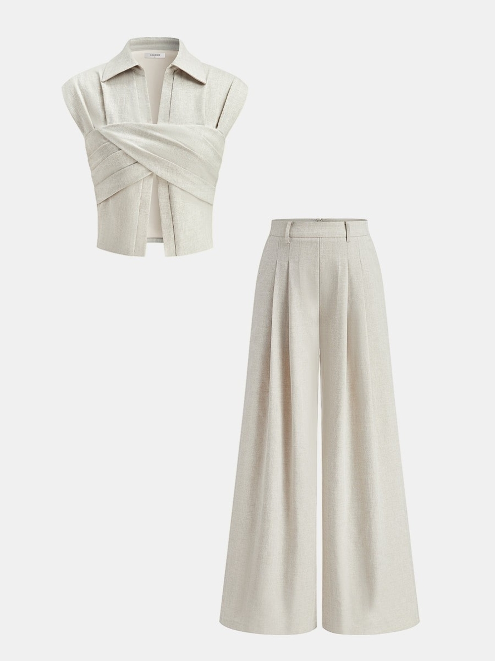 Commense Cream Wide-Leg Trousers with Draped Wrap Top Set